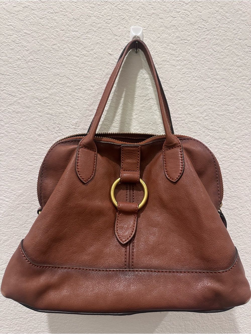 Frye Melissa Brown Leather Satchel Dome Handbag Cognac Ring Detail